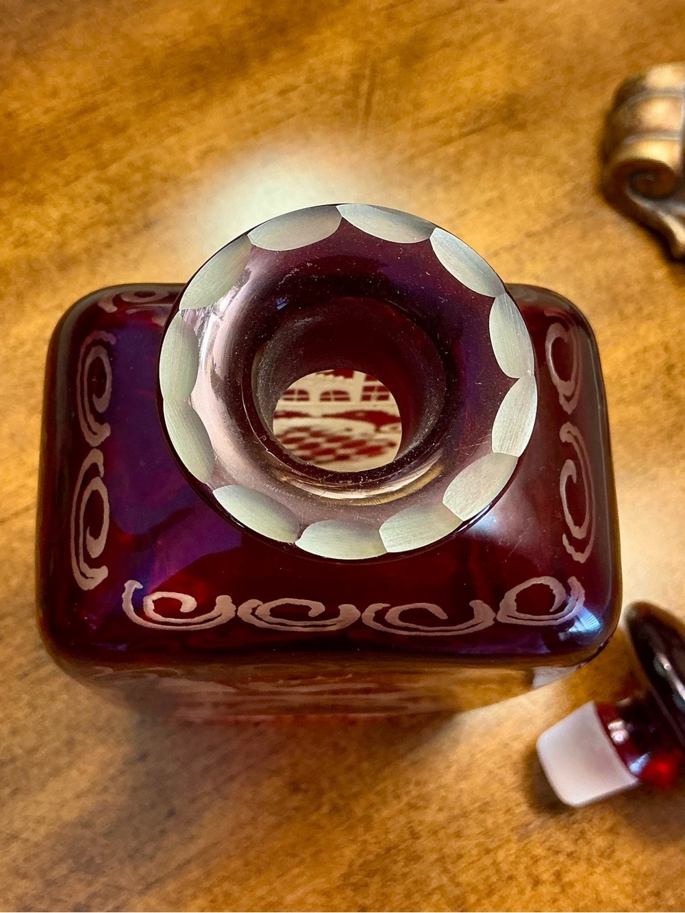 Bohemian Egermann Ruby Red Cut to Clear Glass Decanter with Stopper - Picture 6 of 8